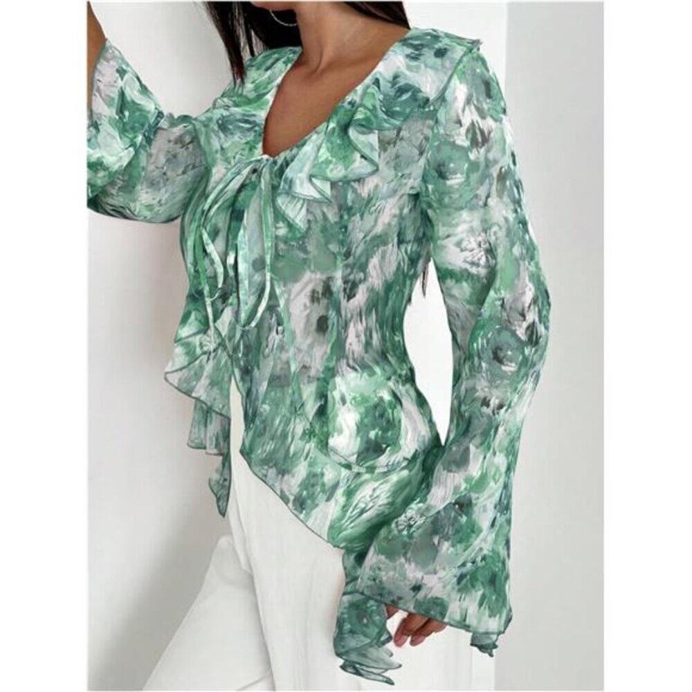 Women’s Floral Print Ruffle Blouse – V Neck Tie Front Long Bell Sleeve Top Green - Picture 4 of 5